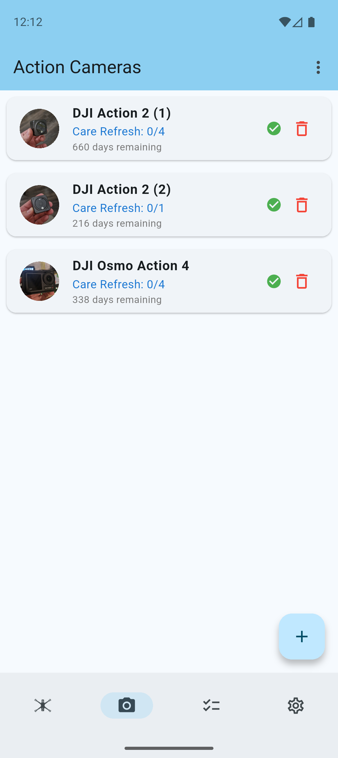 Action cams overview screen