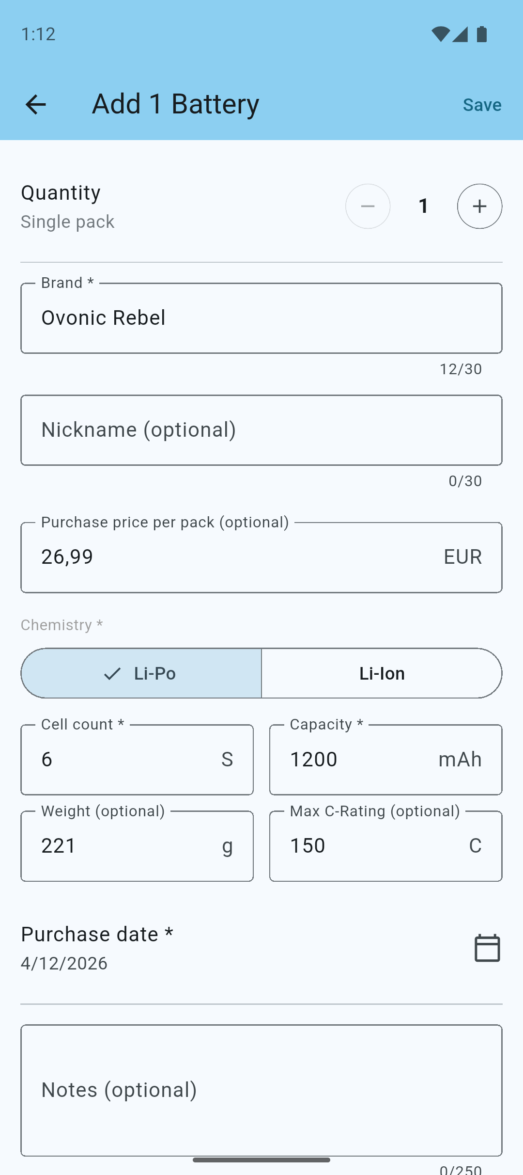 Add a new battery screen