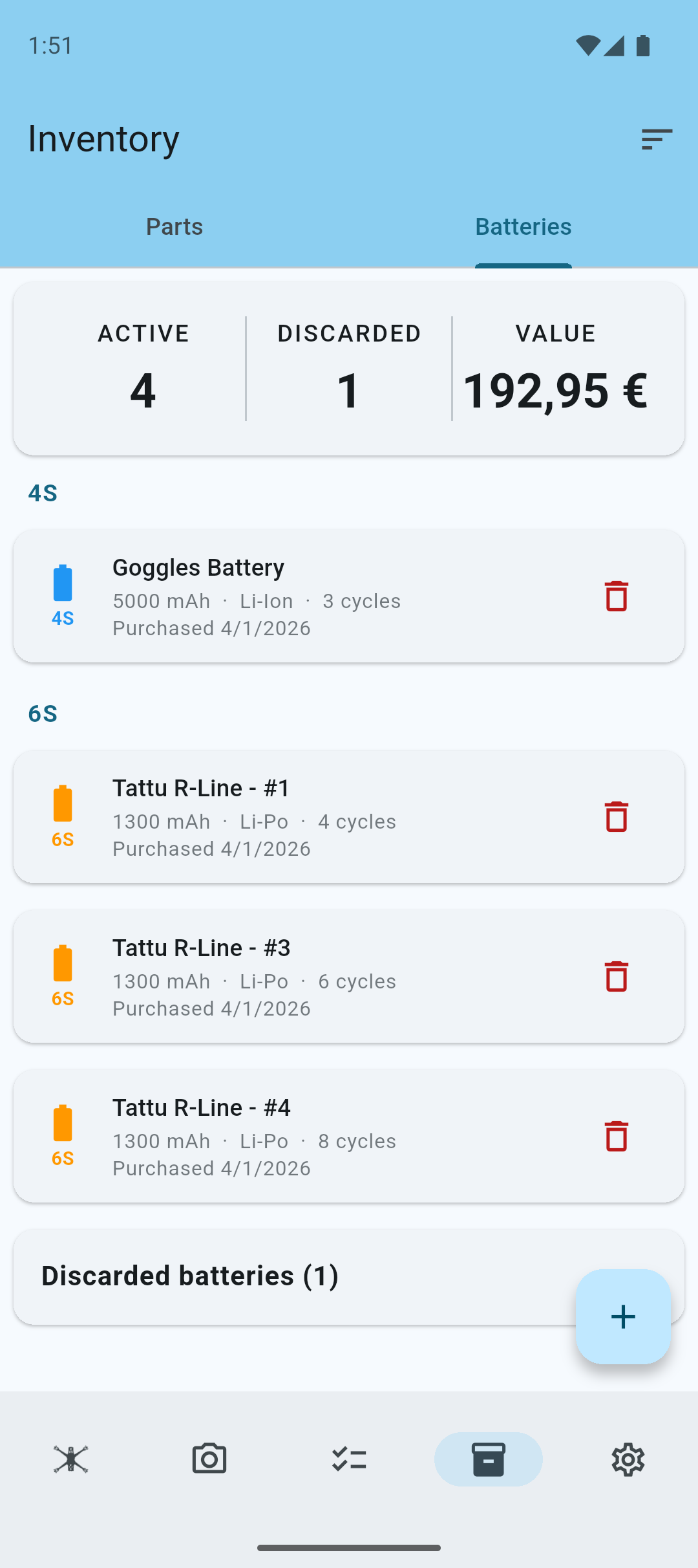 Batteries screen - grouped by cell count