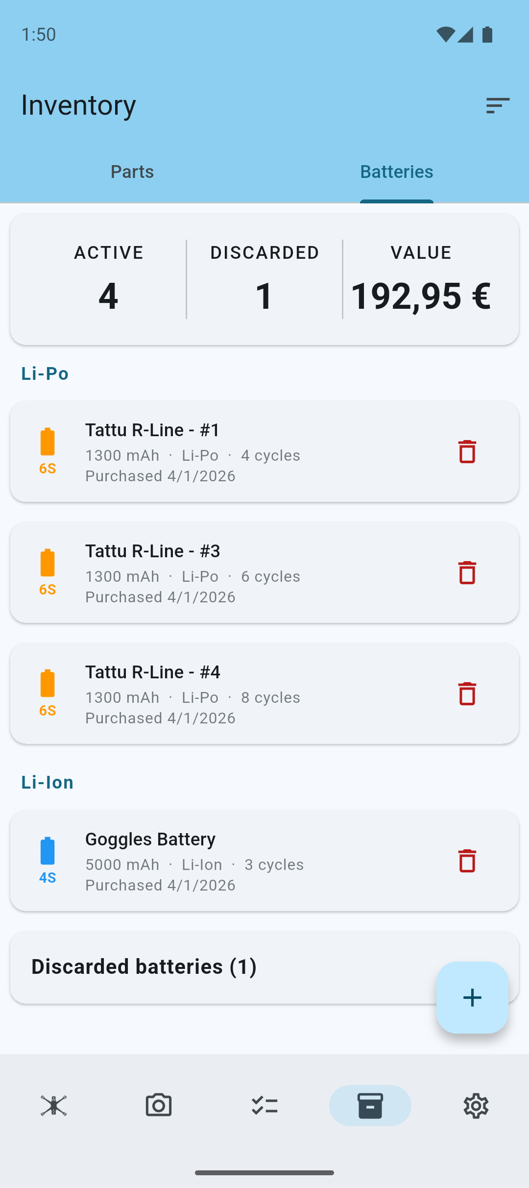 Batteries screen - grouped by type