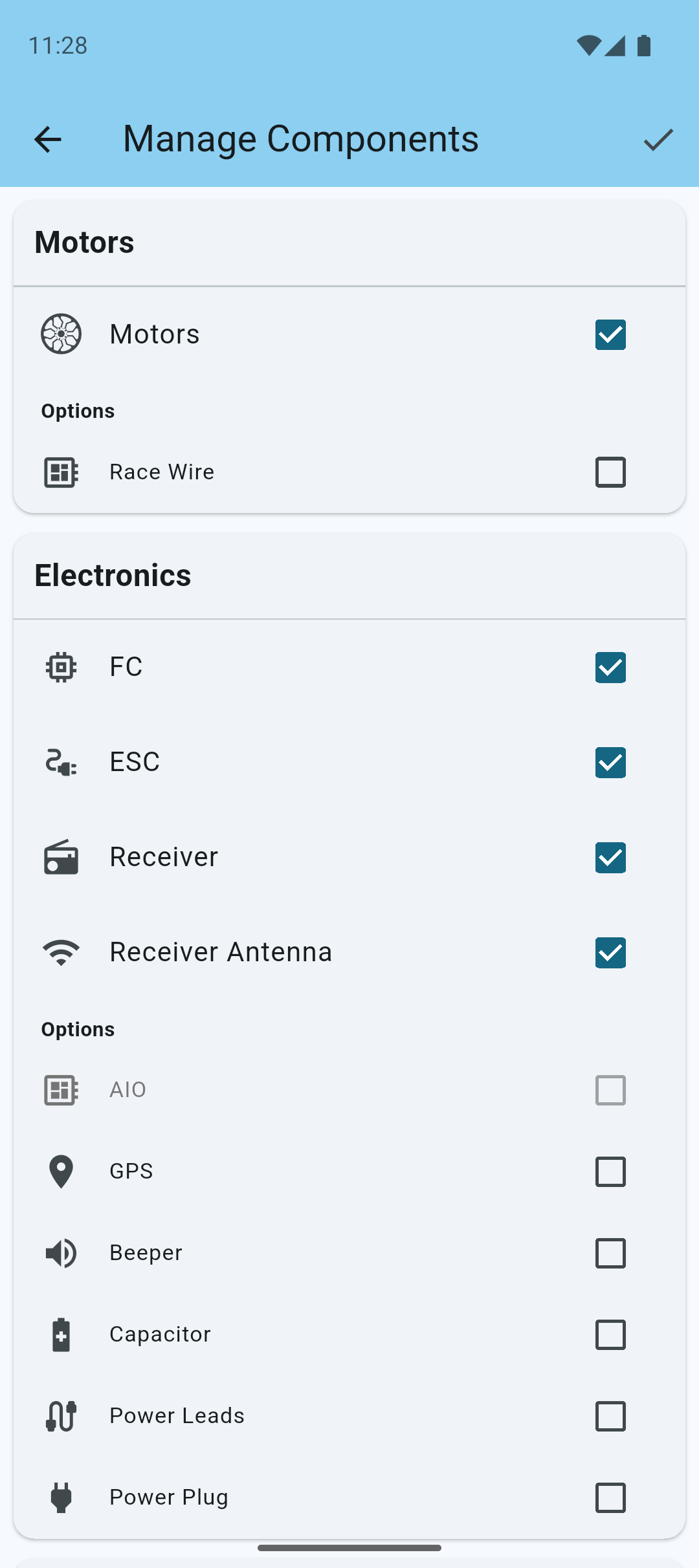 Component selection screen