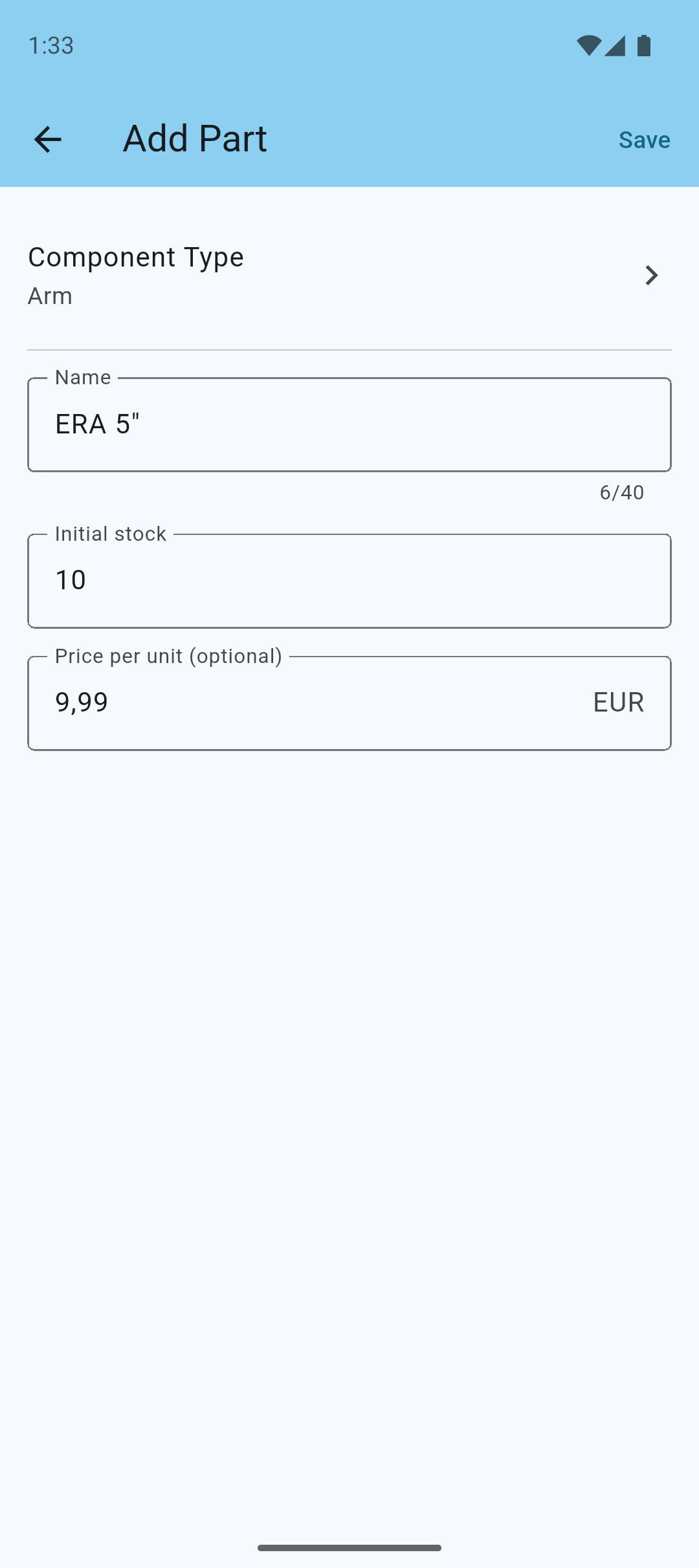 Add a new inventory item screen