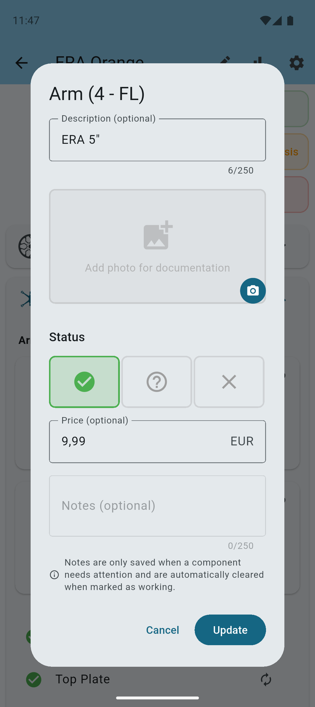 Quad component details screen with cost tracking
