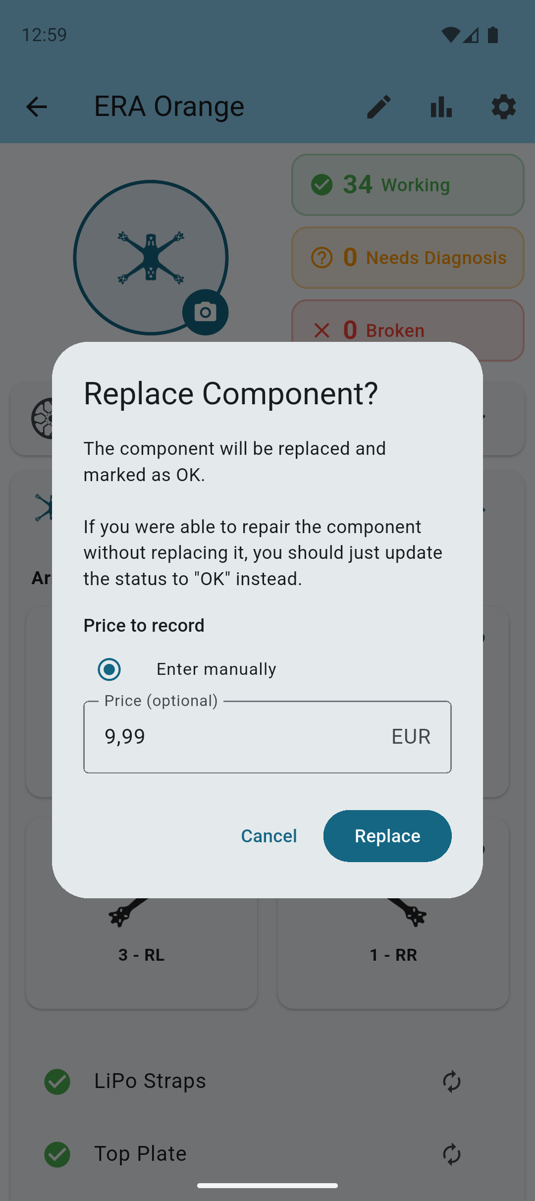 Quad component replacement screen with cost tracking