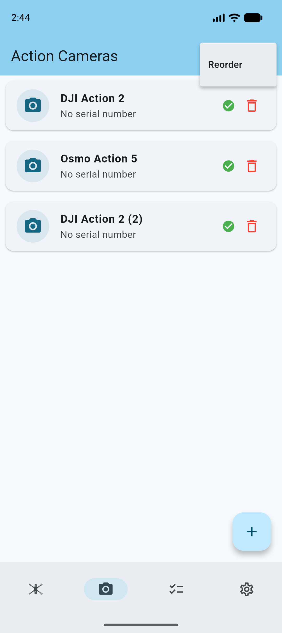 Reordering action cams menu